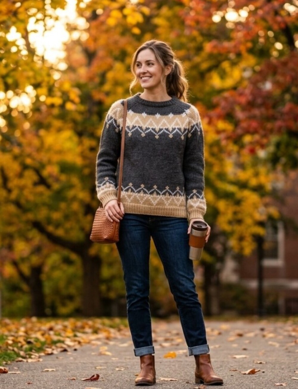Cozy Fair Isle Knit Sweater - Dark Gray & Camel